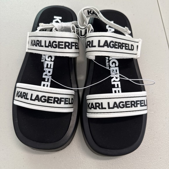NWOB Karl‎ Lagerfeld Olek Strap Sandal Slip-On Size 7 Black White Flats Comfy - Picture 1 of 5